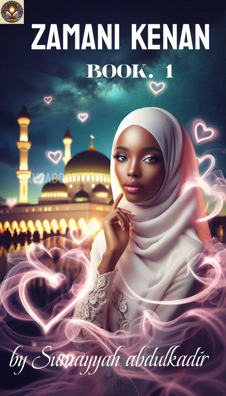 Elegant Muslim woman in hijab with a mosque background and glowing heart-shaped lights, symbolizing love and faith in Hausa literature.