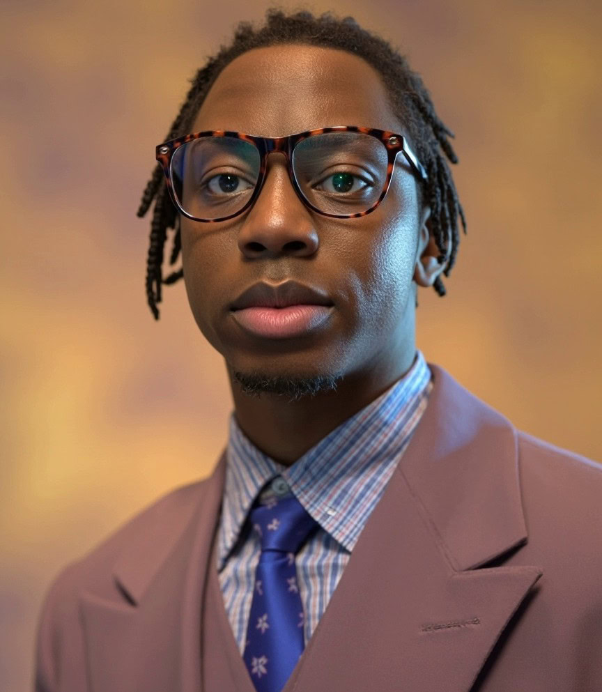 Diverse African man in stylish suit with glasses representing Hausa culture and storytelling.
