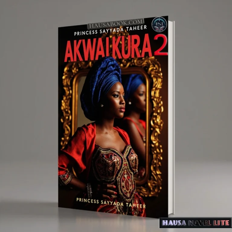 Elegant woman in traditional attire with mirror reflection promoting Akwai Kura Book 2 Hausa Novels.