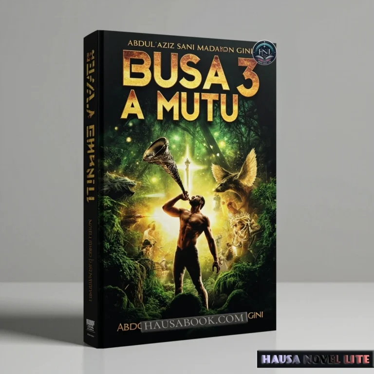 Unisex fantasy Busa A Mutu Book 3 Hausa Novels featuring a muscular man with animals in a lush magical forest setting.