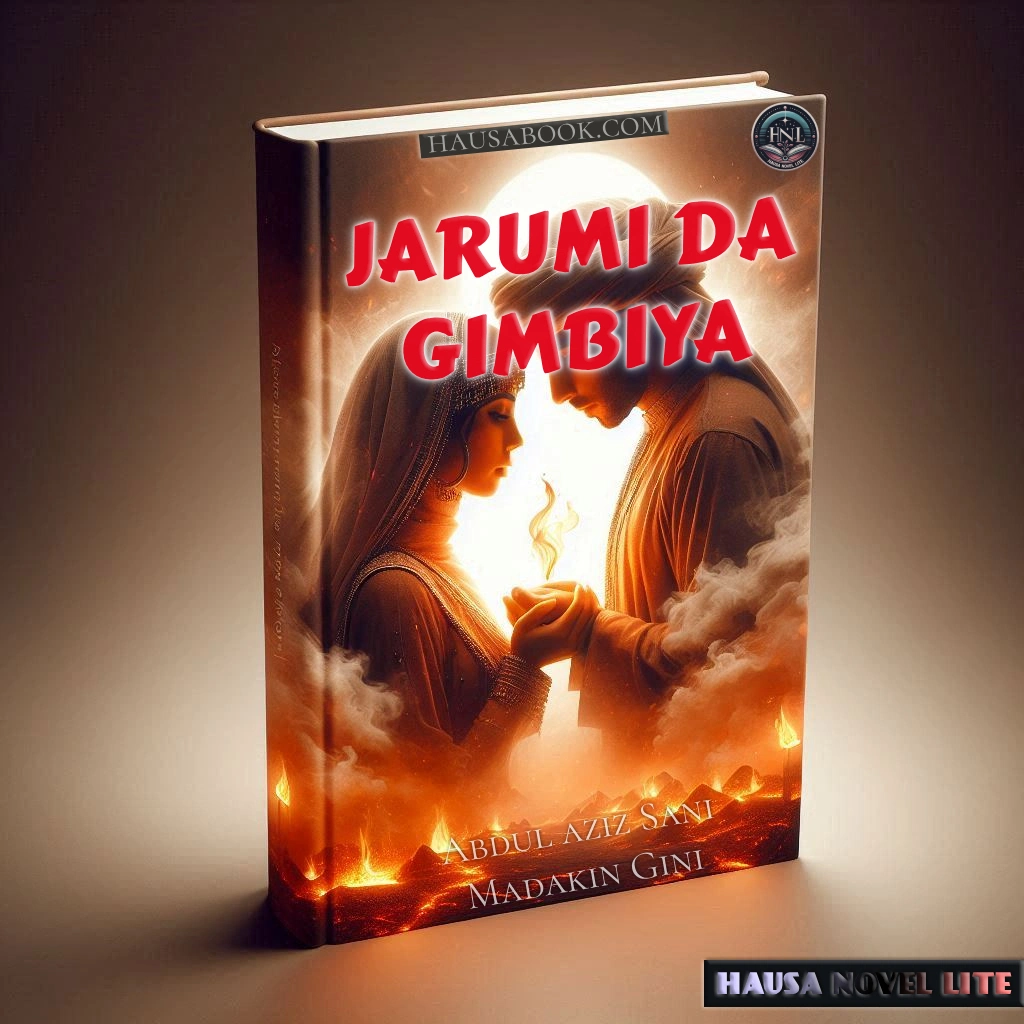 Jarumi Da Gimbiya Hausa Novels featuring a romantic depiction of a couple in traditional attire with a fiery background.