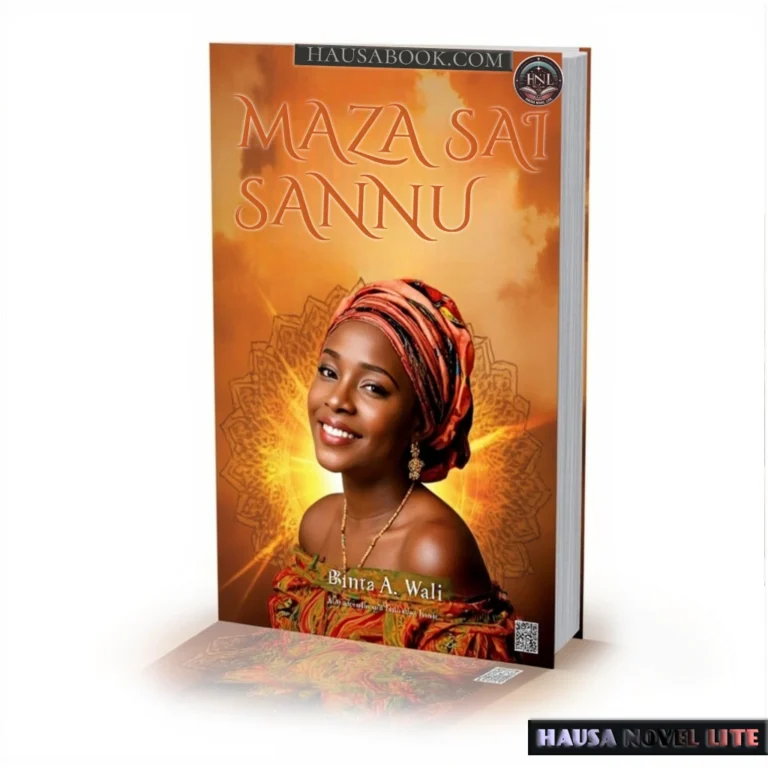 Beautiful young woman in traditional Hausa attire and headwrap, smiling, book cover for Maza Sai Sannu Book 1 Hausa Novels" by Binta A. Wali, vibrant background.