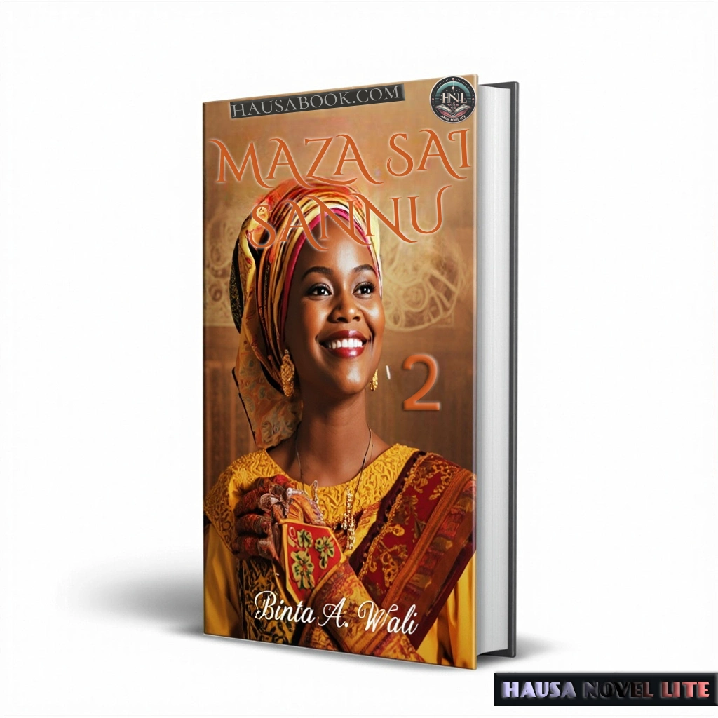 Romance and drama Hausa novel featuring a joyful woman in traditional attire, Maza Sai Sannu Book 2 Hausa Novels.