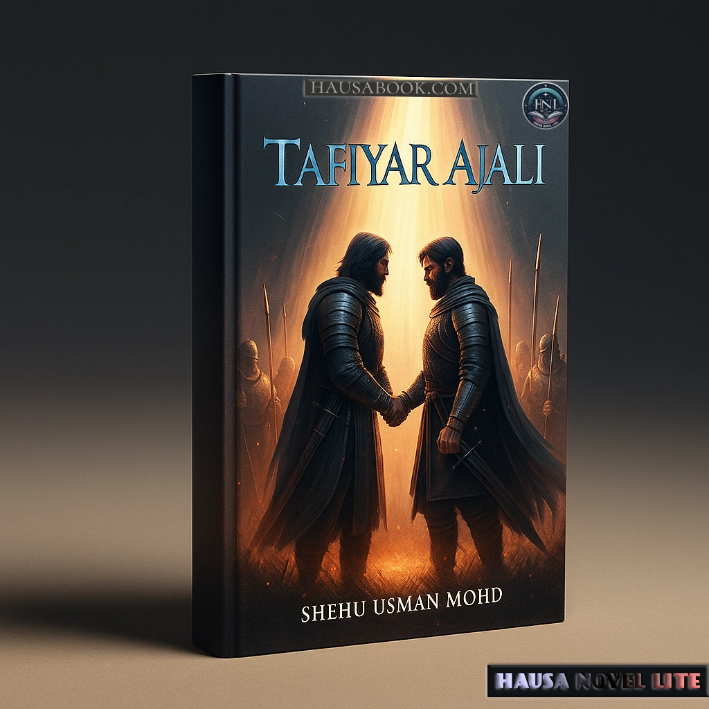 Colorful historical Tafiyar Ajali Hausa Novels featuring two warriors shaking hands with soldiers in background.