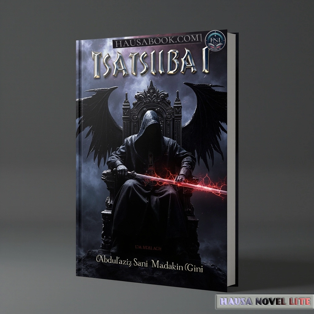 Tsatsuba Book 1 Hausa Novels, Dark fantasy Hausa novel cover with shadowy figure on throne, black wings, and glowing red sword.