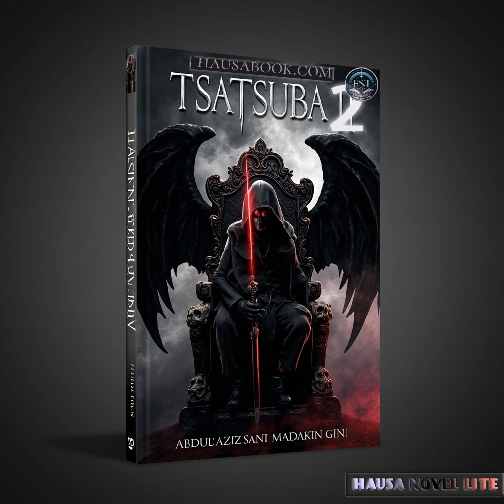 Tsatsuba Book 2 Hausa Novels, Dark fantasy novel cover featuring a menacing figure with wings and a glowing sword, titled "Tsutsuba 2".