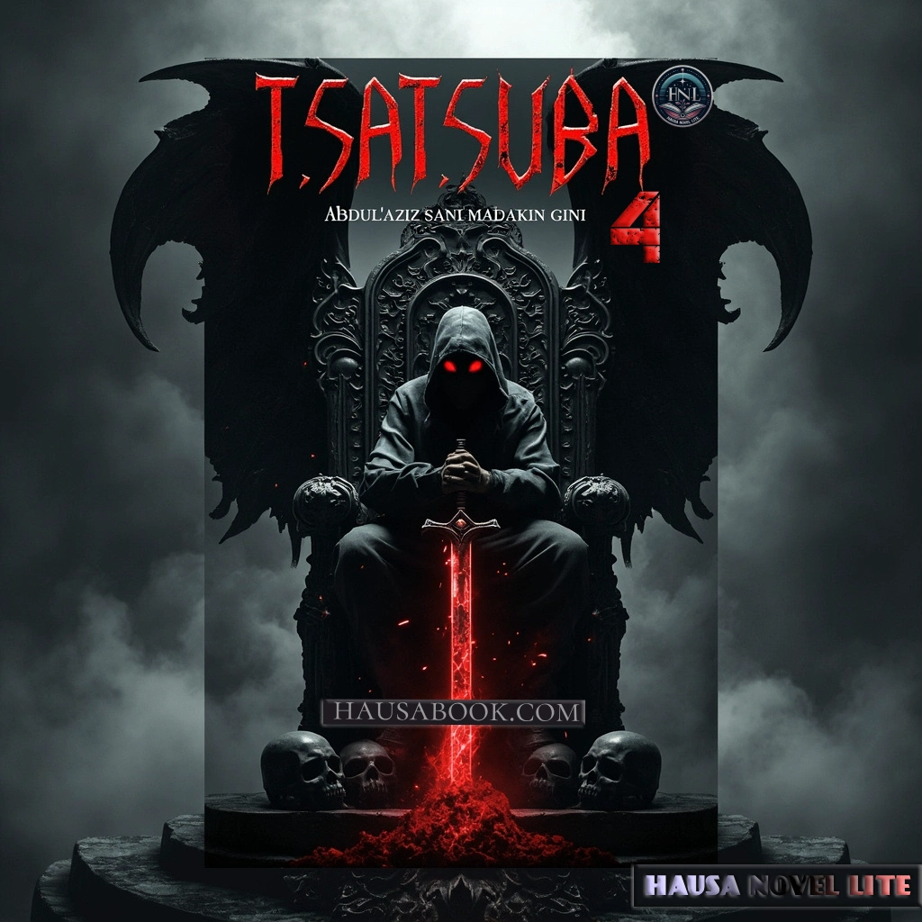 Tsatsuba Book 4 Hausa Novels. Evil demon T.Satsuba book cover featuring a dark figure with glowing red eyes, sitting on a throne with skulls, for Hausa novel lite.