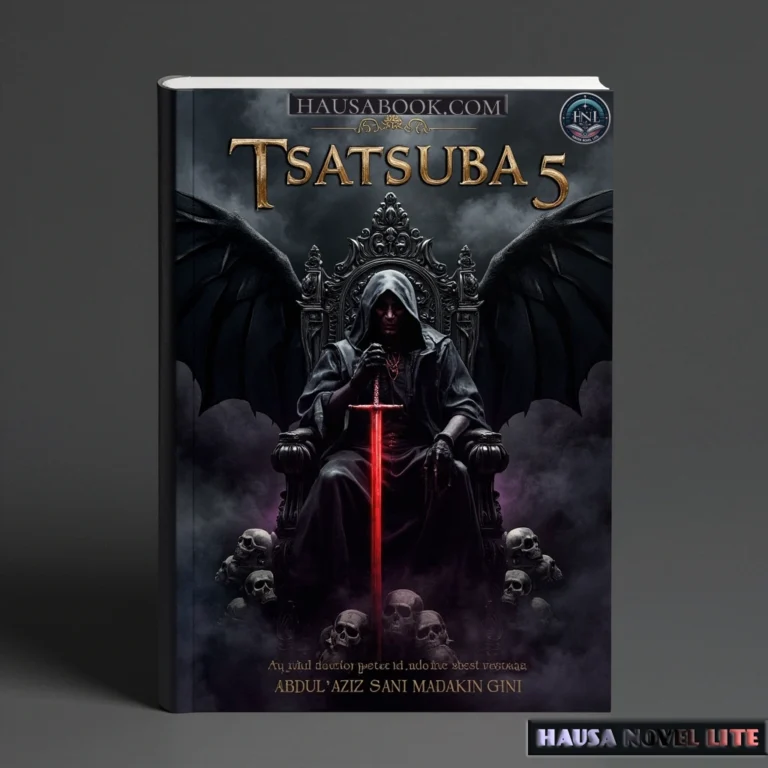 Tsatsuba Book 5 Hausa Novels, Dark fantasy Hausa novel cover featuring a menacing figure with wings on a throne.