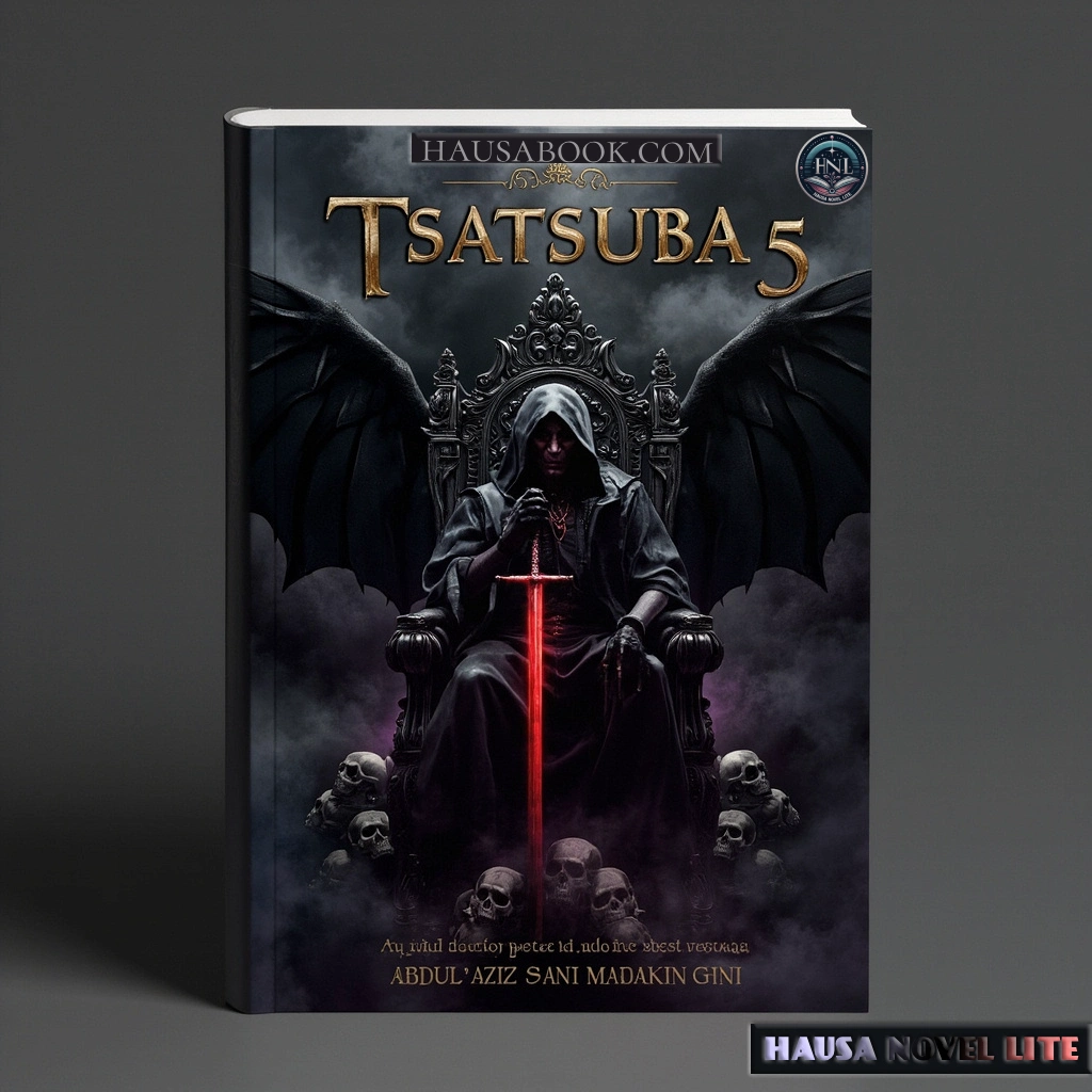 Tsatsuba Book 5 Hausa Novels, Dark fantasy Hausa novel cover featuring a menacing figure with wings on a throne.