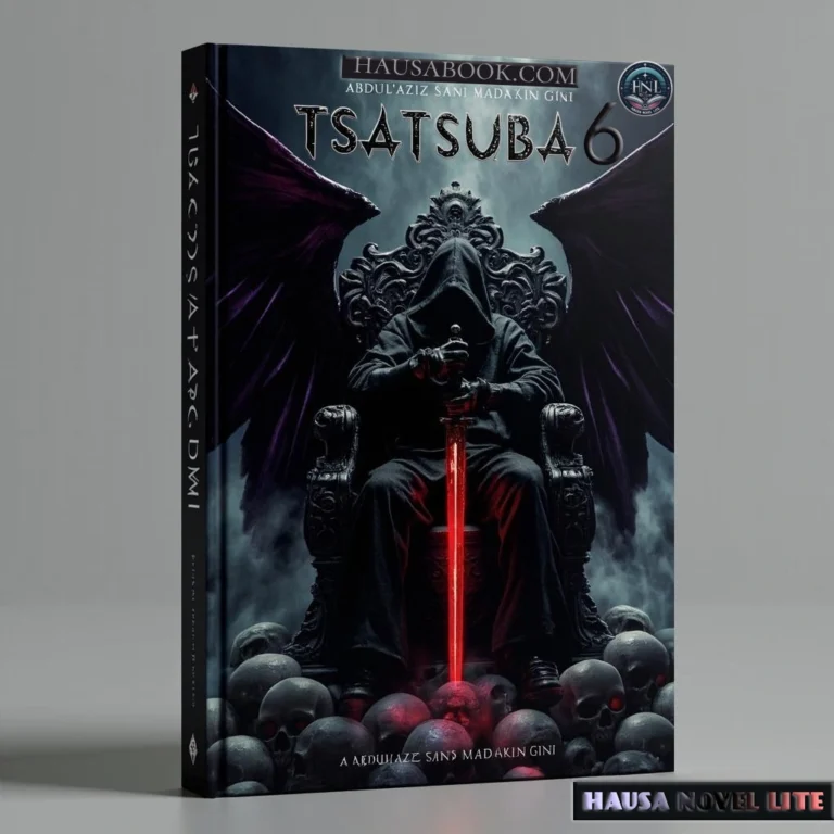 Tsatsuba Book 6 Hausa Novels, Dark hooded figure sitting on throne with wings and skulls, fantasy novel cover.