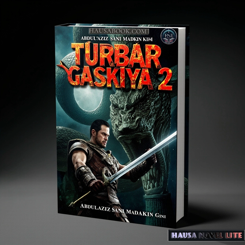 Mystery Hausa novel cover featuring a warrior and dragon, for Turbar Gaskiya Book 2 Hausa Novels.