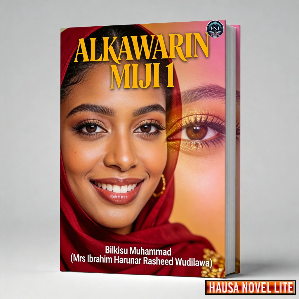 Hausa Novels book cover featuring a smiling woman in a red hijab, titled "Alkawarin Miji 1".