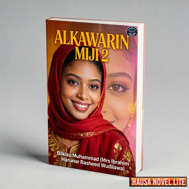 Hausa Novels book cover featuring a smiling woman in a red hijab, titled "Alkawarin Miji 2".