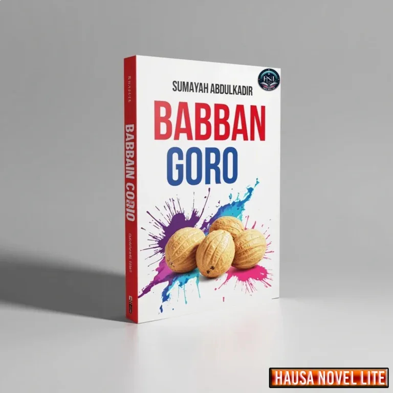 A LT tag: Hausa Novels book cover titled "Babban Goro" by Sumayah Abdulkadir with colorful splash de.