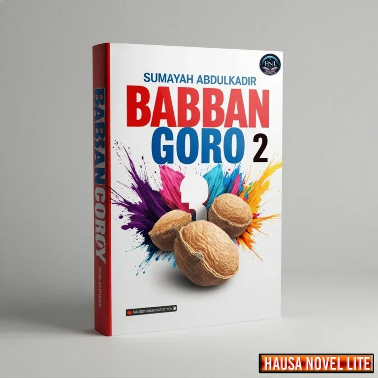 Hausa Novels - Babban Goro 2 book cover with colorful splash background and nuts illustration.