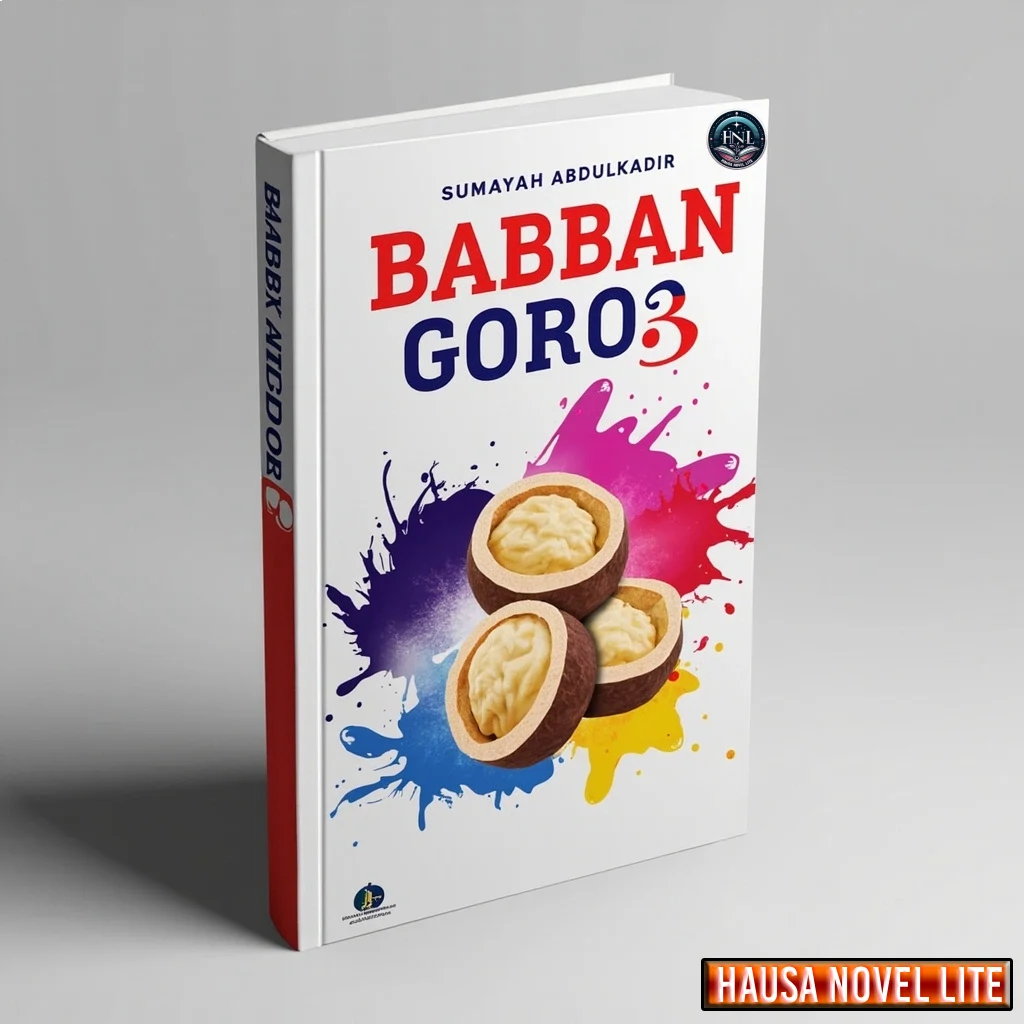 A LT tag: Hausa Novels book cover titled "Babban Goro" with colorful paint splashes background.