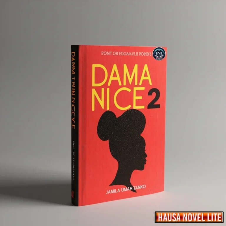 Dama Nice 2 Hausa novel book by Jamila Umar Tanko, featuring a silhouette of a woman with a bun hair.