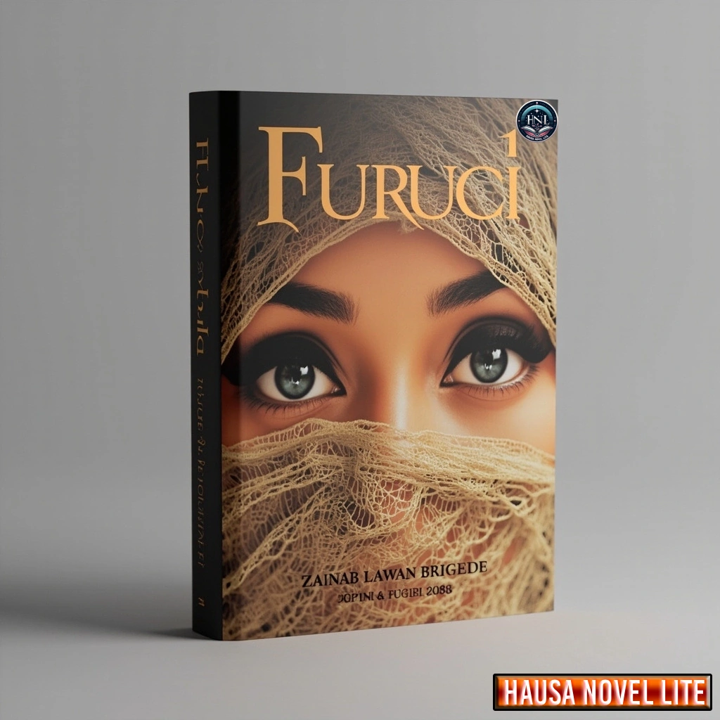 Hausa Novels book cover featuring a woman's eyes and traditional fabric, titled "Furuci" by Zainab L.