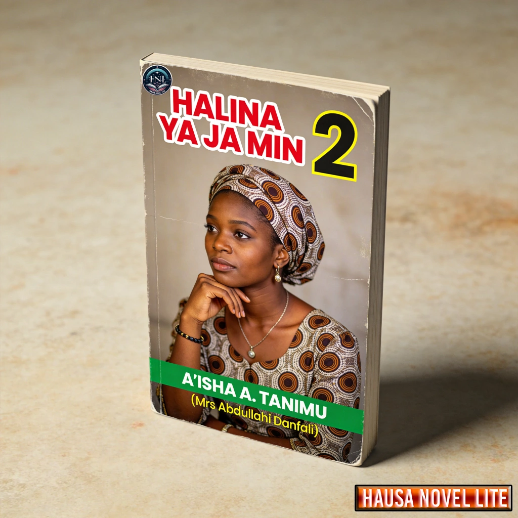 Hausa Novels - Halina Ya Ja Min 2 book cover featuring A'isha A. Tanimu, a Hausa author, in traditio.