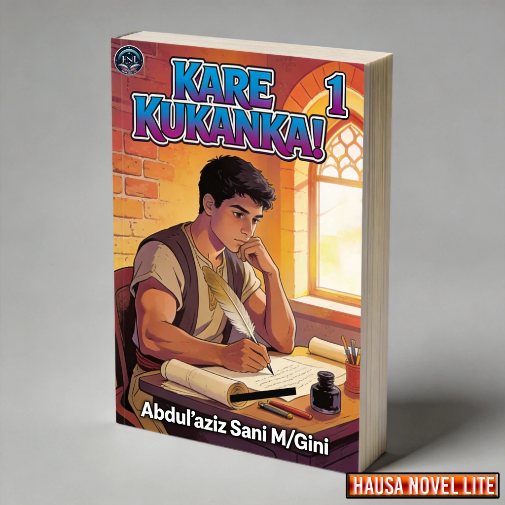 Hausa Novels Kare Kukanka 1 book cover featuring a young boy studying at a desk.