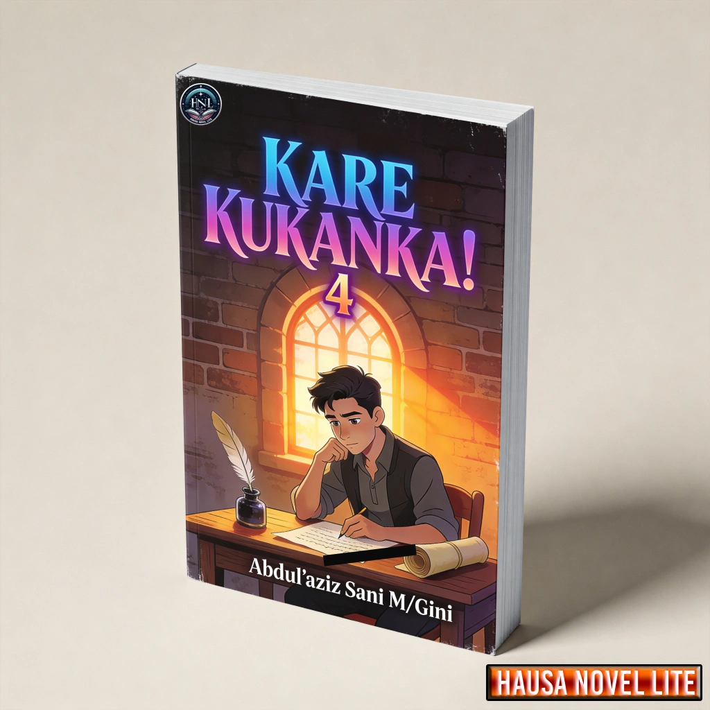 Kare Kukanka 4 Hausa Novel book cover, featuring a young boy reading at a desk with a window backgro.