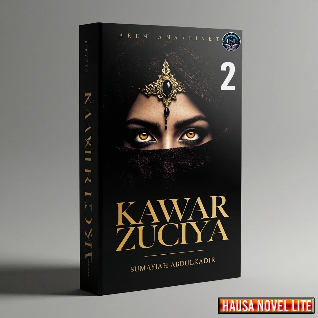 Hausa Novels book cover featuring a mysterious woman with glowing eyes and traditional jewelry.
