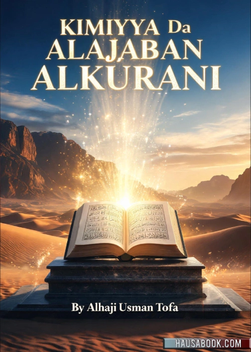 Hausa novel "Kimiyya Da Aljaban Alkurani" by Alhaji Usman Tofa with desert background.