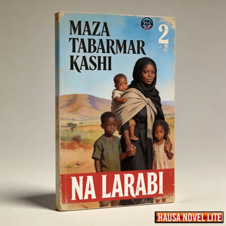 A LT tag: Hausa Novels book cover "Na Larabi" by Maza Tabarmar Kashi, featuring a woman with childre.