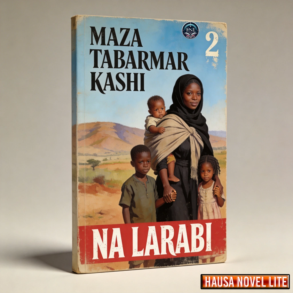 A LT tag: Hausa Novels book cover "Na Larabi" by Maza Tabarmar Kashi, featuring a woman with childre.