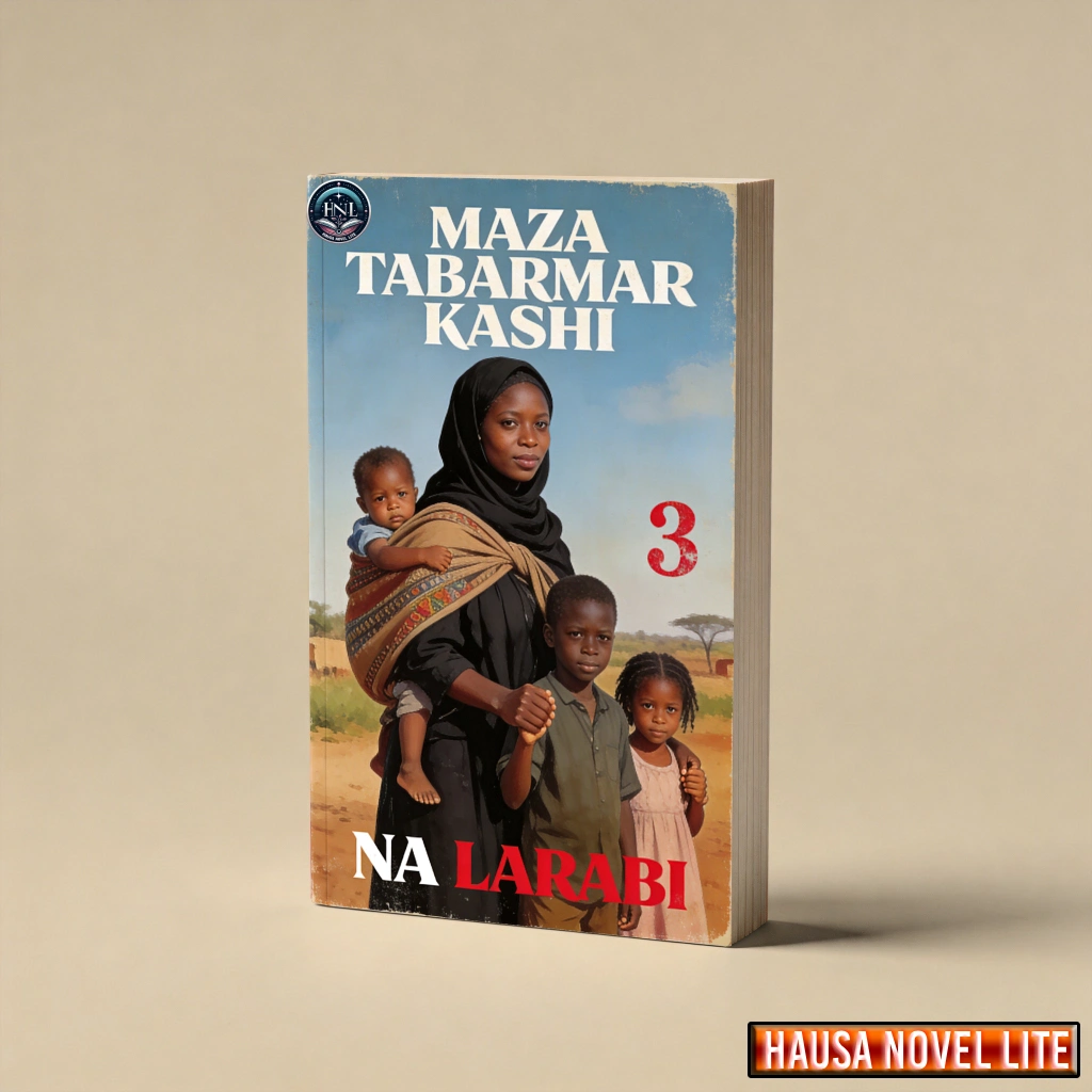 Hausa Novels book cover titled "Na Larabi" by Maza Tabarmar Kashi, featuring a woman with children i.