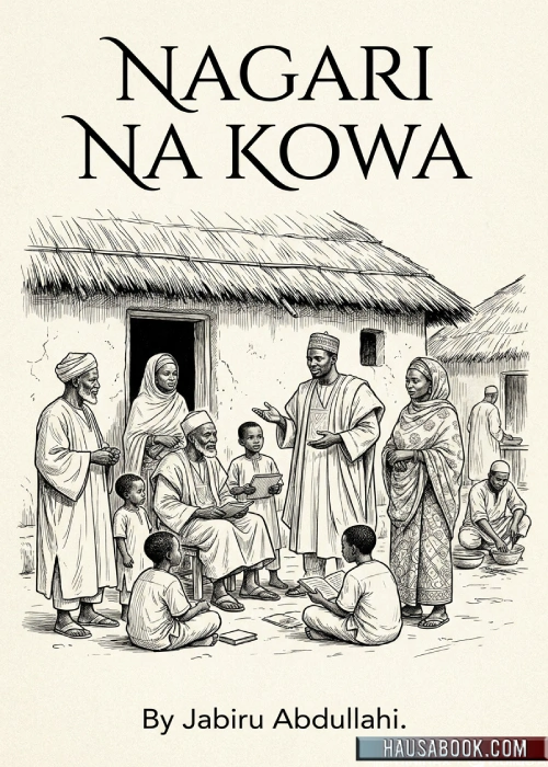 Hausa storytelling scene with elders and children in traditional attire.