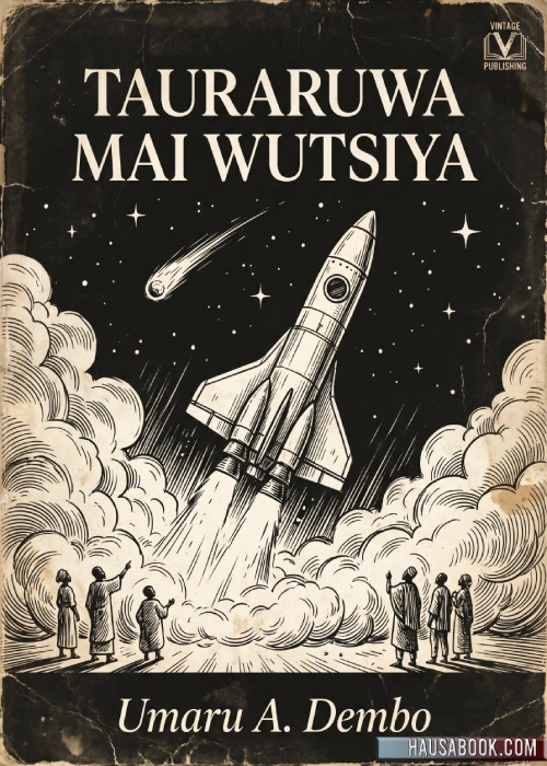 Vintage Hausa novel cover featuring a rocket launch and children observing in black and white.