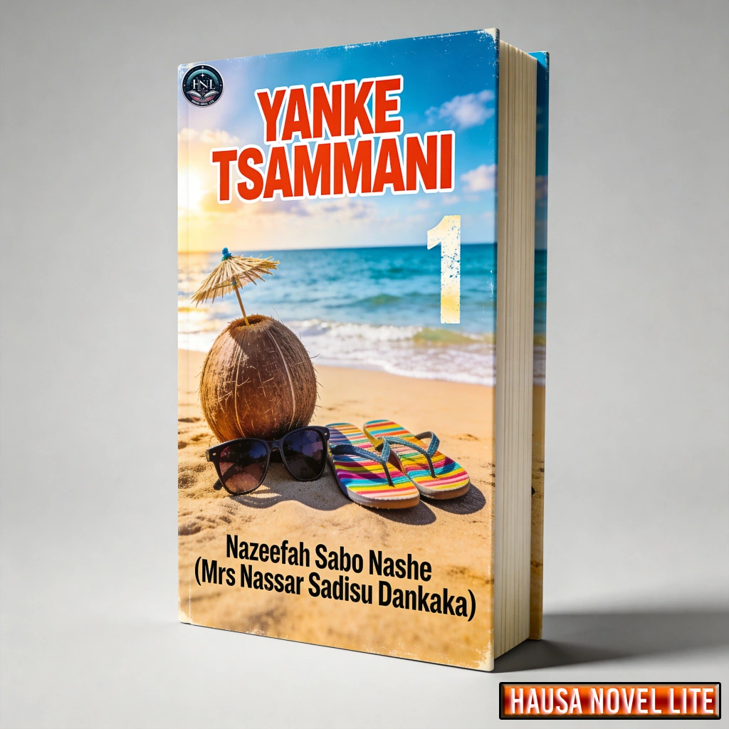 Hausa Book titled "Nazeefah Sabo Nashe" by Yanke Tsammani on beach scene with coconut and sunglasses.