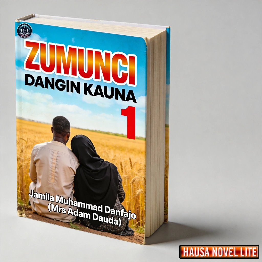 A1: Hausa Novels book titled "ZUMUNCI DANGIN KAUNA" by Jamila Muhammad Danfajo, featuring a couple s.
