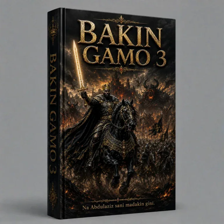 Bakin Gamo 3 Hausa Novel book cover with warrior on horse and dark fantasy scene.