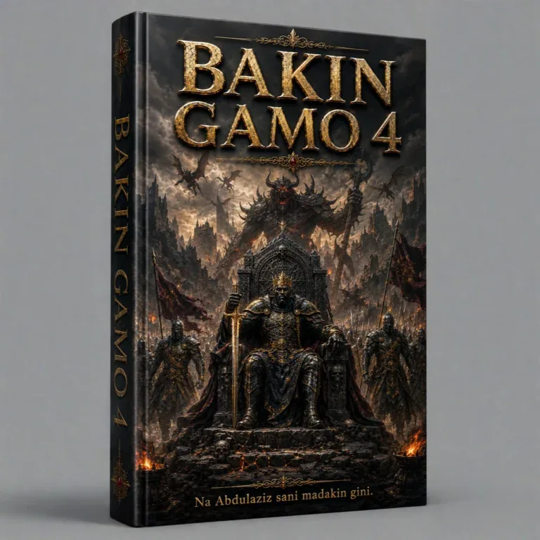 Bakin Gamo 4 Hausa Novel book cover with dark throne and warriors, Hausa Novels, Hausa Book.